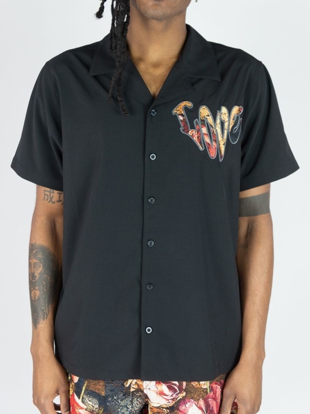 Black Short-Sleeve Button-Down Shirt with Colorful 'LOVE' Appliqué
